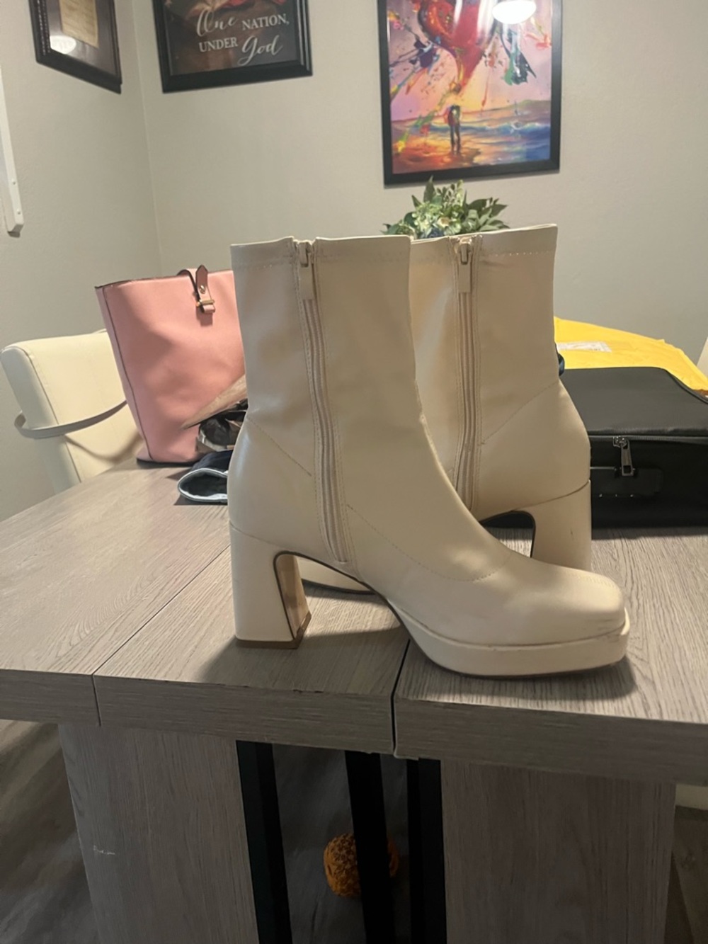 Pink Lily Cream Platform Block Heel Ankle Boots